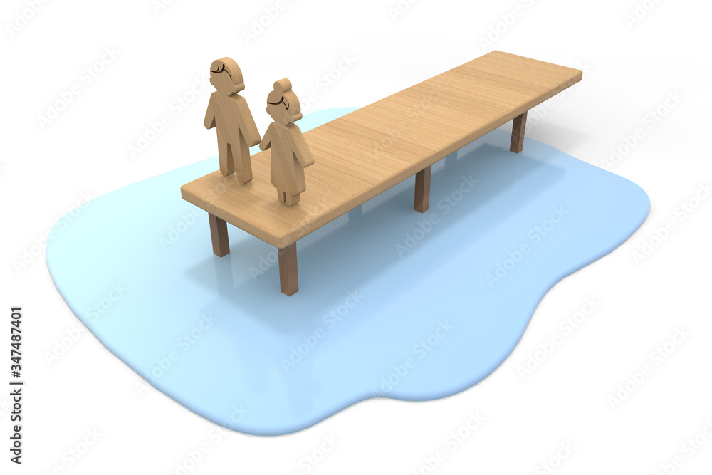 Couple on the pier. Wooden pier. Beautiful water surface. 3D rendering Couple on the pier. Wooden pier. Beautiful water surface. 3D rendering