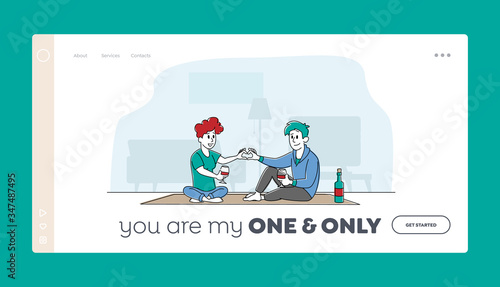 Weekend Evening, Love, Flirting Sparetime Landing Page Template. Young Loving Couple Characters Spend Time at Home Together Chatting Drink Wine Make Heart of Fingers. Linear People Vector Illustration