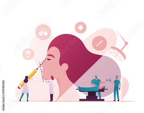 Rhinoplasty Correction Procedure, Surgical Nasal Improvement Concept. Plastic Surgeon Characters Correcting form of Woman Nose, Put Dotted Line with Marker on Skin. Cartoon Vector People Illustration