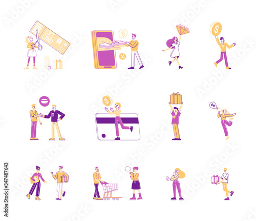 Set of People and Money Isolated on White Background. Male and Female Characters Using Debit and Credit Cards, Online Cashless Payment, Earning Salary, use Currency, Coupon. Linear Vector Illustration