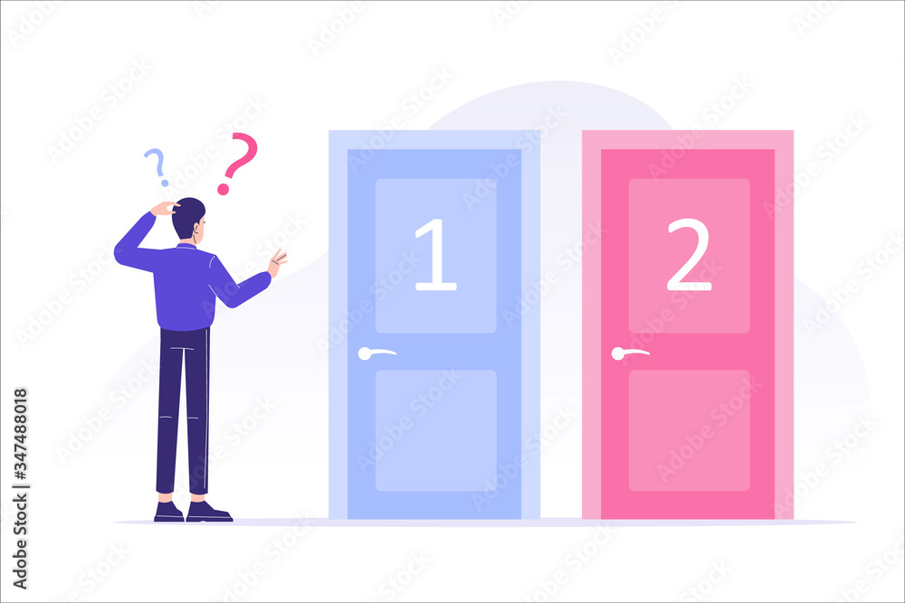 Confused man standing near two doors. Difficult choice between two options. Decide dilemma. Solve problem. Alternatives or opportunities. Making decision concept. Choose pathway. Vector illustration