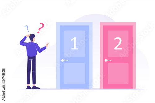 Confused man standing near two doors. Difficult choice between two options. Decide dilemma. Solve problem. Alternatives or opportunities. Making decision concept. Choose pathway. Vector illustration