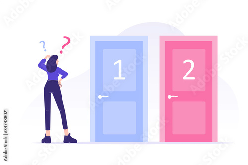 Confused woman standing near two doors. Difficult choice between two options. Decide dilemma. Solve problem. Alternatives or opportunities. Making decision concept. Choose pathway. Vector illustration