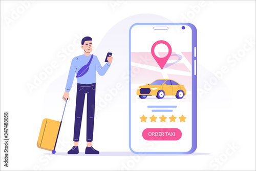 Online taxi ordering concept. Young man standing with suitcase, ordering taxi or renting car online with smartphone app service. App screen with car and location pin on map. Vector illustration 