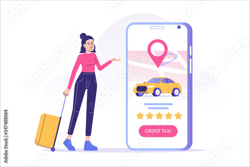 Online taxi ordering concept. Young woman standing with suitcase, ordering taxi or renting car online with smartphone app service. App screen with car and location pin on map. Vector illustration 