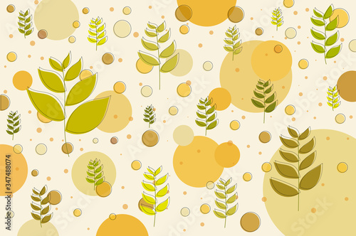 Flat vector background/wallpaper of overlapping leaves and circles in summer color theme, but the color of all the elements are changeable (leaves, circles and background)