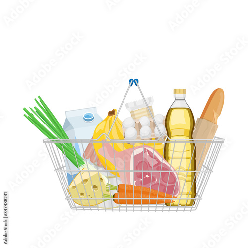 Basket with food. Shopping at the supermarket. Consumer basket. Vector