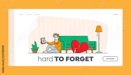 Divorce or Separation Landing Page Template. Depressed Heartbroken Man Character Sitting on Floor with Pieces of Red Broken Heart and Crying. End of Love, Loving Relations. Linear Vector Illustration