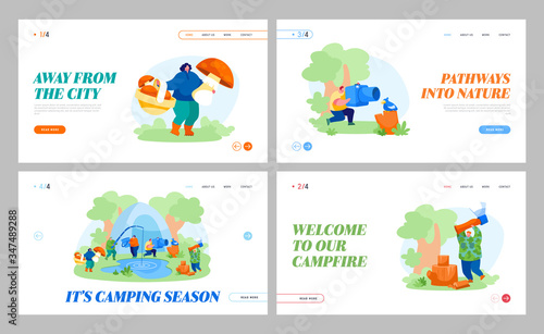 People Camping Hobby, Spare Time Landing Page Template Set. Male Female Characters Having Rest on Nature Fishing, Taking Pictures, Pick Up Mushrooms, Chopping Woods. Cartoon Vector Illustration