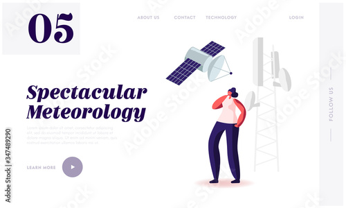 Meteorology Equipment, 5G Internet Service and Smart Technologies, Tech Progress Landing Page Template. Woman Character Stand near Transmission Tower with Satellite in Sky. Cartoon Vector Illustration