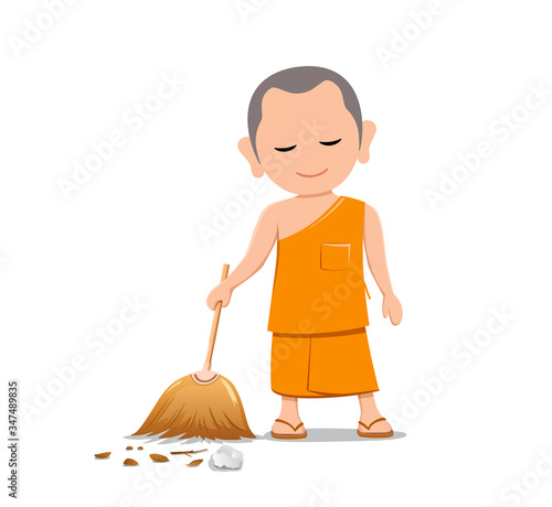 Thai monk holding broom is leaf sweep, design isolated on white background, vector illustration