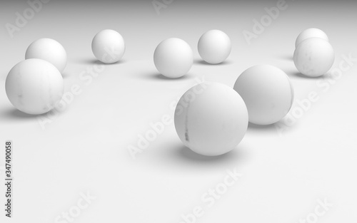 White abstract background. Set of white balls isolated on white backdrop. 3D illustration