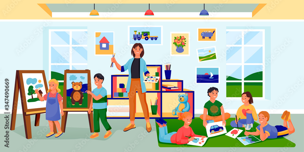 Kids art class, education, hobby, craft and creativity concept. Vector flat cartoon children characters illustration