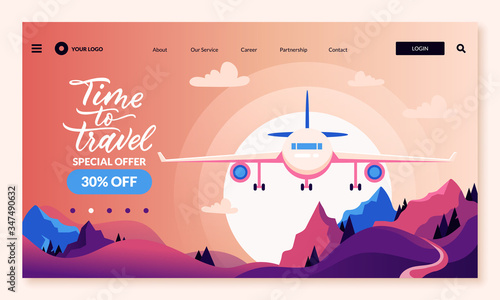 Time to travel banner, coupon or voucher design template. Airplane and calligraphy lettering. Vector plane illustration