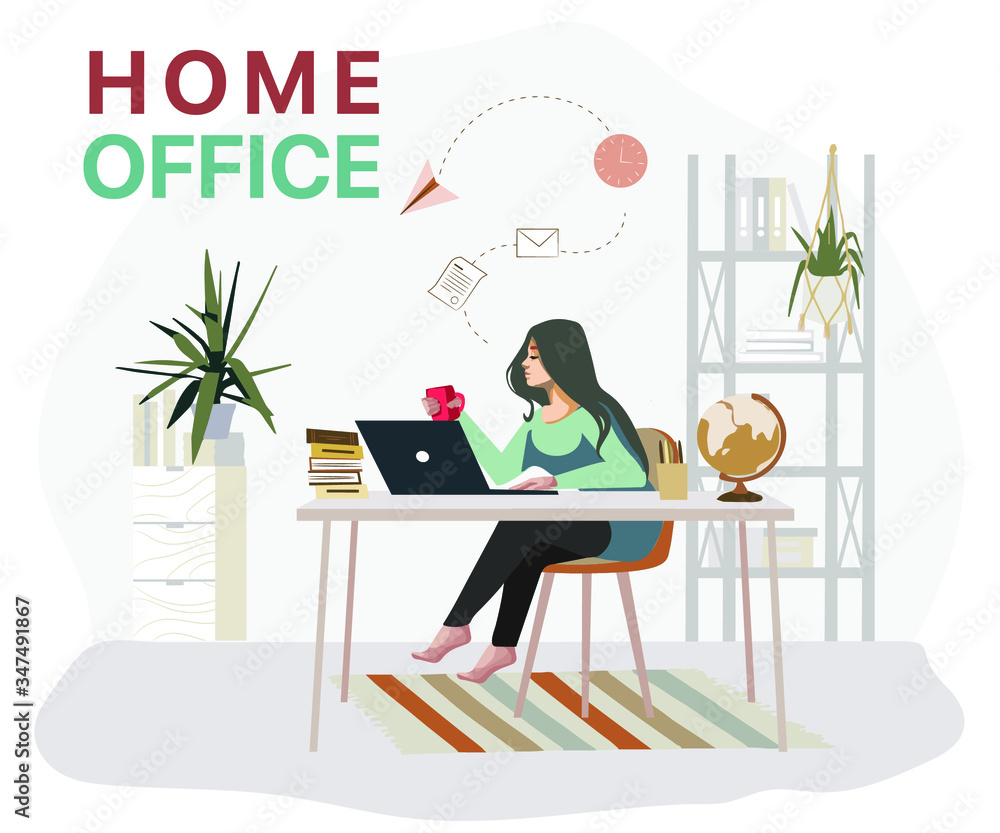 Working at home, coworking space, concept illustration. Young people freelancers working on laptops and computers at home. People at home in quarantine. Vector flat style illustratio Working at home, coworking space, concept illustration. Young people freelancers working on laptops and computers at home. People at home in quarantine. Vector flat style illustratio