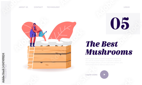 Homemade Fungiculture, Homemade Mushrooms Hobby Landing Page Template. Tiny Female Character Stand on Ladder Watering Champignons Growing in Wooden Box Gardening, Industry. Cartoon Vector Illustration