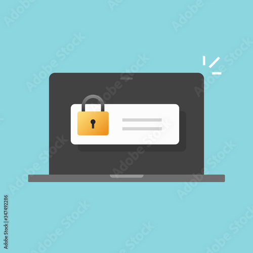 Internet security with password fields on computer laptop of secure log in protection padlock vector flat cartoon, illustrated pc with secure lock access as private authorization icon modern image