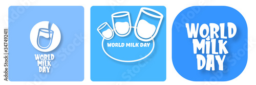 vector world milk day outline style icons set or label isolated on blue background. Milk day greeting poster design template. Milk day logo collection with milk glass