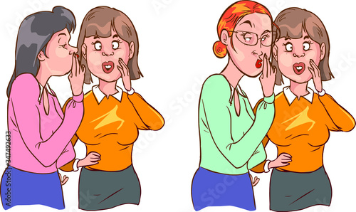 Woman whispering gossip, surprised, tells rumors to the other female character. Cotill secret woman flat vector.