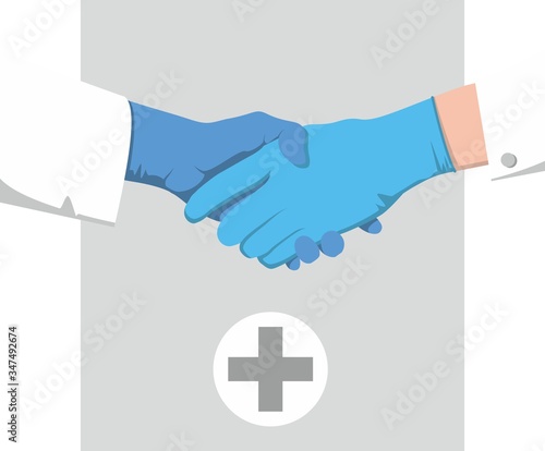 Handshake in medical gloves. Two doctors, a health officer shake hands
