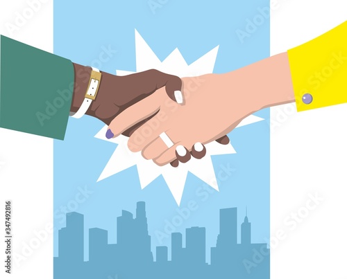 Female handshake. Flat design. Two business women in green and yellow clothes against the blue background of the metropolis shake hands