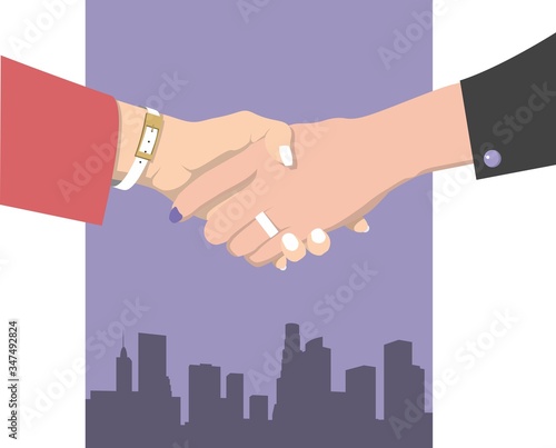 Female handshake. Flat design. Two business women in red and black clothes against the purple background of the metropolis shake hands
