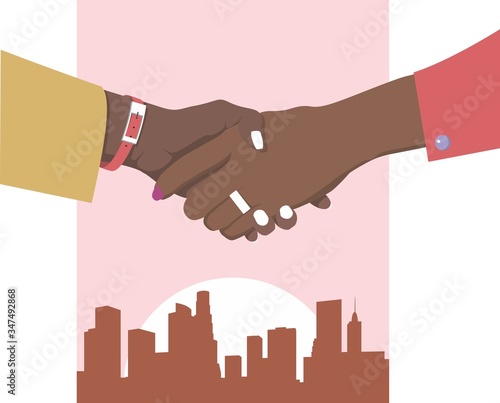 Female handshake. Flat design. Two business women in red and mustard clothes against the pink background of the metropolis shake hands