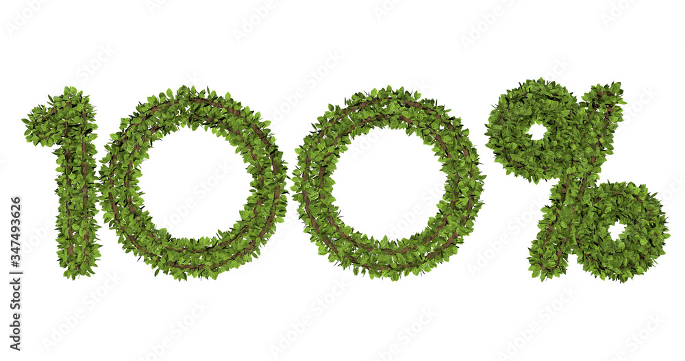 3D render text in 100 percent on white background. Leaf style text. 3D render text in 100 percent on white background. Leaf style text.