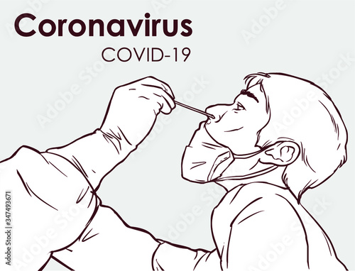Coronavirus COVID-19 diagnostics. Doctor wearing full antiviral protective gear making nasal swab test for patient. stock illustration