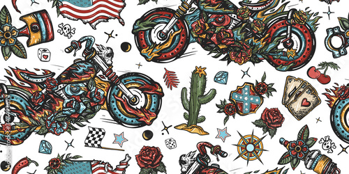 Burning chopper motorcycle, cactus, road, compass. Bikers seamless pattern. Rider sport art. Motor and spark plug. Lifestyle of racers background. Old school tattoo style