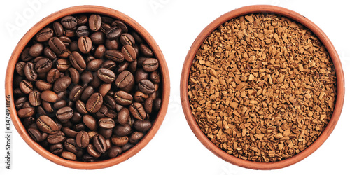 Roasted coffee beans and instant granular coffee in a bowl isolated on a white background. View from above.