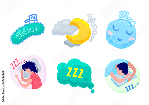 Zzz Sleep Icons Set Isolated on White Background. Good Night Typography, Sleeping Girl and Boy Lying on Pillows, Funny Moon and Earth Planet with Clouds Cute Kawaii Style. Cartoon Vector Illustration
