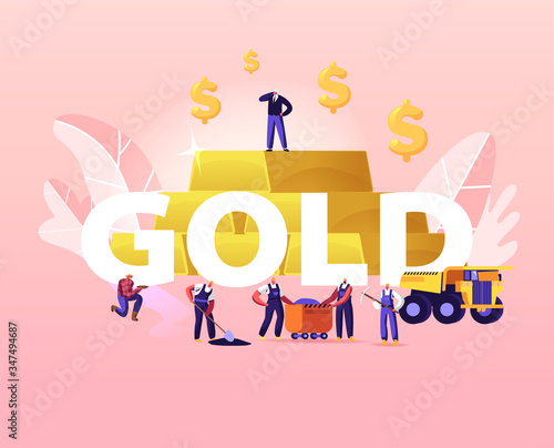 Gold Mining Concept. Tiny Miner Characters Working on Quarry with Tools, Transport and Technique. Extraction Industry, Work Equipment, Technics Poster Banner Flyer. Cartoon People Vector Illustration