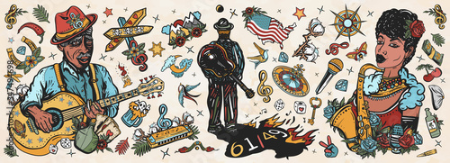 Blues music. Old school tattoo vector collection. Elderly Afro American bluesman playing slide guitar. Beautiful black jazz woman, saxophone, harmonica. Musical legend, crossroads 61/49and devil