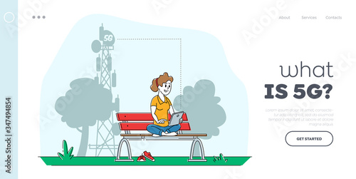 Social Media Networking Landing Page Template. Woman Character Sitting on Bench with Tablet Communicating Online and Watching HD Tv Programs Use High-speed 5G Internet. Linear Vector Illustration