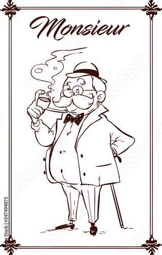 Cartoon happy gentleman with stick.