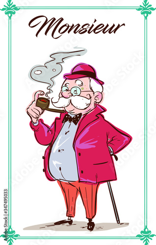 Cartoon happy gentleman with stick.