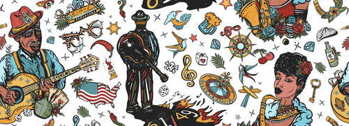 Blues music seamless pattern. Elderly Afro American bluesman playing slide guitar. Musical legend, Crossroads 61/49 and devil. Beautiful black jazz woman and saxophone. Old school tattoo style