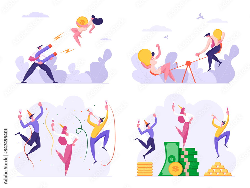 Set of Business People Celebrate Success Drinking and Dancing at Money Piles. Male and Female Characters Attract Clients with Magnet, Developing Creative Ideas, Start Up. Cartoon Vector Illustration