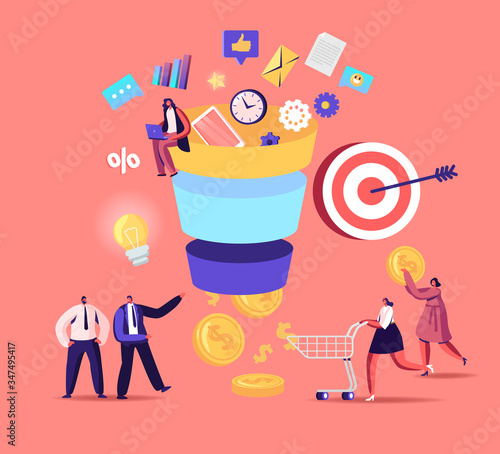 Tiny Characters Put Money into Huge Sales Funnel. Digital Marketing Lead Generations Strategy with Buyers, Conversion Rate Optimization Concept. Funnel Marketing. Cartoon Vector People Illustration