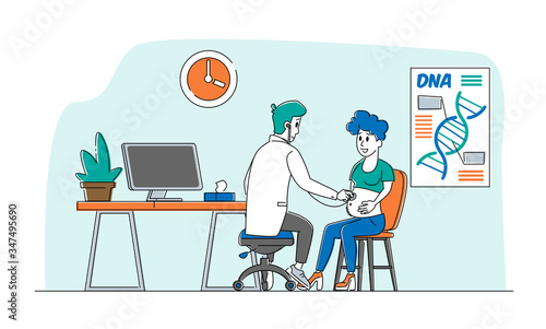 Pregnancy Check Up, Maternity. Pregnant Woman at Doctor Appointment in Clinic. Male Doctor Character Listening Baby Heart Beating Put Stethoscope on Female Belly. Linear Vector People Illustration