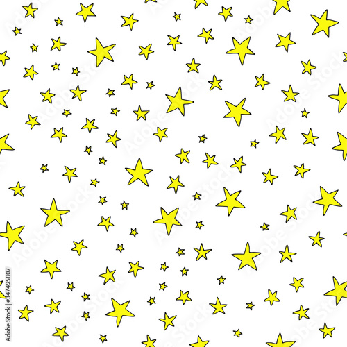 Space planets asteroids rocket ufo meteorite star night sky. Vector seamless pattern. Space travelling flight. Illustration in doodle style. For printing on paper fabric social media post web banner
