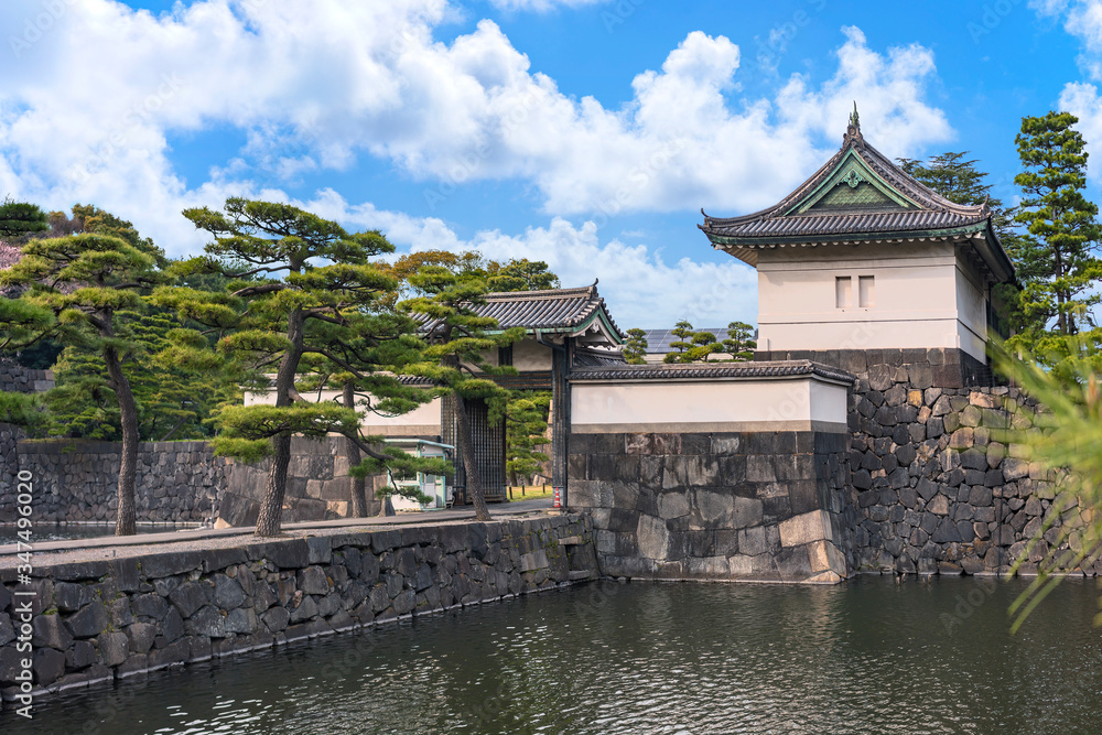 Donjon Edojō Kikyō-mon Gate with moats lined with pine trees outside of the Tokyo Imperial Palace. Donjon Edojō Kikyō-mon Gate with moats lined with pine trees outside of the Tokyo Imperial Palace.