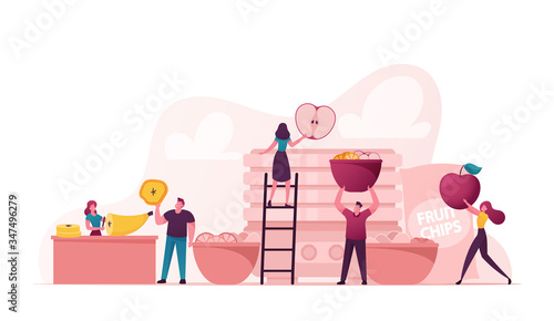 Tiny Male and Female Characters Cooking and Eating Homemade Dehydrated Fruit Chips Made of Banana, Apple, Orange and other. Healthy Vega and Vegetarian Nutrition. Cartoon Vector People Illustration