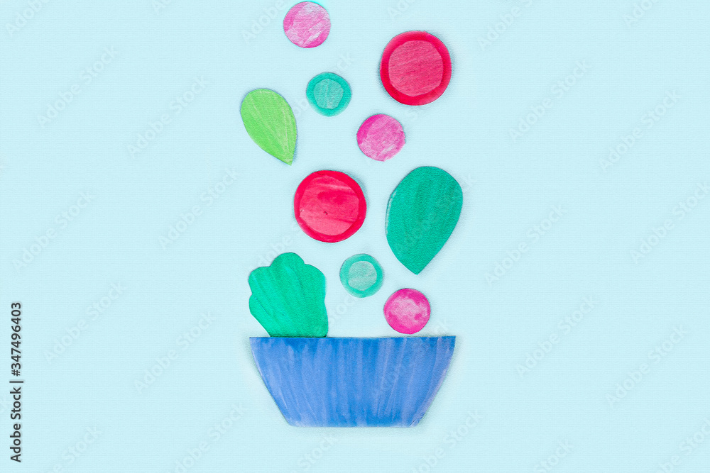 Plate with vegetables salad made from paper (tomato, greens, radish) on blue background. Food art and creative concept. DIY and children's creativity. Healthy eating and vegetarian food. Сopy space Plate with vegetables salad made from paper (tomato, greens, radish) on blue background. Food art and creative concept. DIY and children's creativity. Healthy eating and vegetarian food. Сopy space