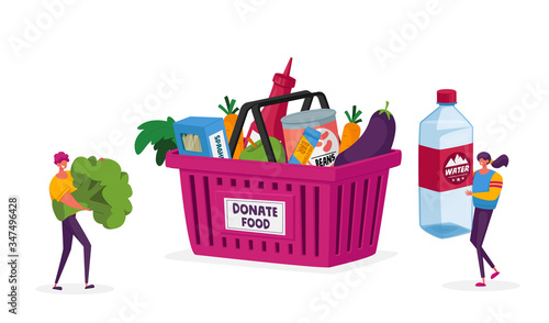 Tiny Characters Carry Huge Water Bottle and Broccoli for Collecting Donation Box. Altruistic Behavior, Togetherness and Philanthropy Concept, Volunteers Teamwork. Cartoon People Vector Illustration