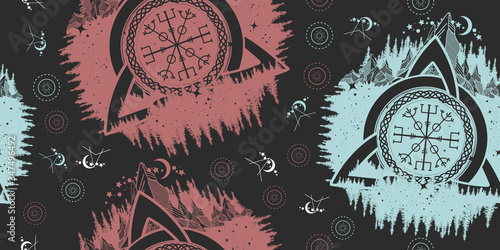 Celtic trinity knot, Helm of Awe. Seamless pattern. Packing old paper, scrapbooking style. Vintage background. Medieval manuscript, engraving art. Scandinavian symbols of vikings, travelers, mascot