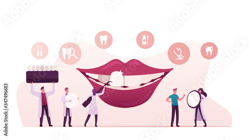 Tiny Dentist Doctor Characters in Medical Stomatologist Cabinet with Equipment around of Huge Mouth, Install Dental Veneers to Patient Aestethic Stomatology Concept. Cartoon Vector People Illustration