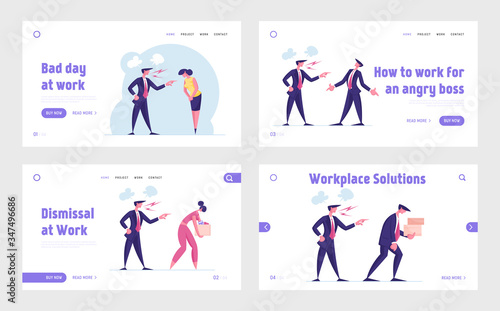 Angry Boss Scolding and Firing Employees Landing Page Template Set. Furious Character Yelling and Dismiss Workers in Office. Businesspeople with Belongings Leave Workplace. Cartoon Vector Illustration