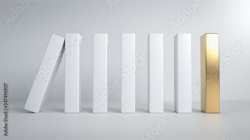 Obraz na plátně Abstract scene of white domino pieces falling on golden block